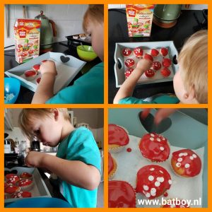 Paddenstoel cakejes, batboy, paddenstoel, cakejes, koopmans 